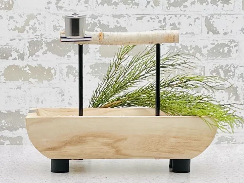 Medium Natural Wood Trough Counter Top Parrot Stand with Mini Clip-on Feeding Dishes by The Modern Parrot