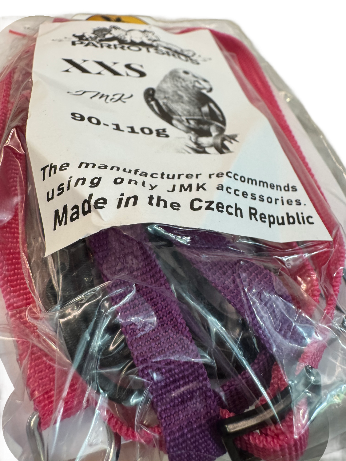 JMK Harness and Leash - Purple with Pink, Size Extra Extra Small: 90-110 grams: Cockatiels, Lg. Parakeets, Sm. Indian Rednecks, Sm. Conures (Green Cheek, Brown Throat)
