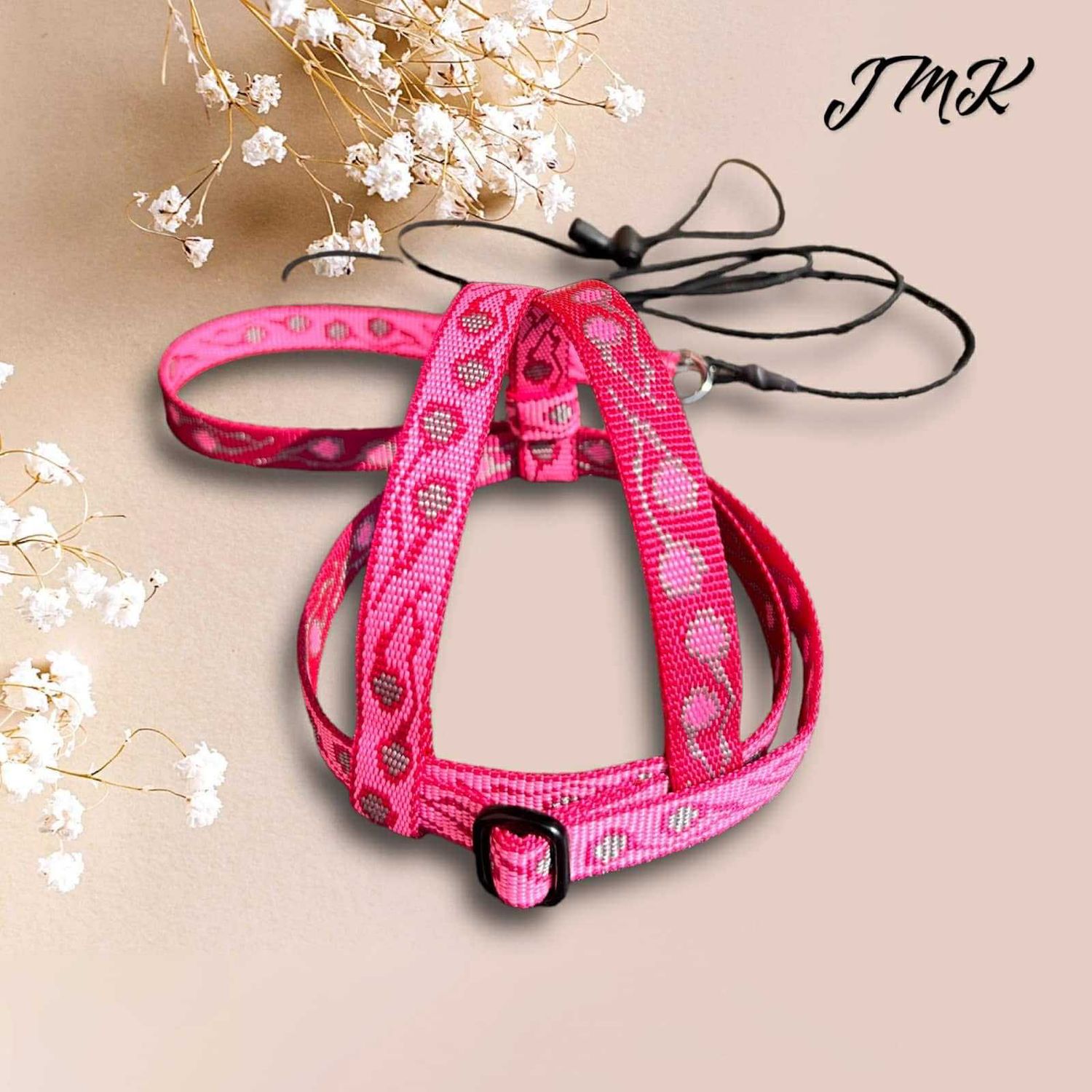 JMK Harness and Leash - Pink Squigly Print, Size Extra Large: 1100+ grams: Lg Macaws, Triton, Sm. Moluccan, Black Palm, etc