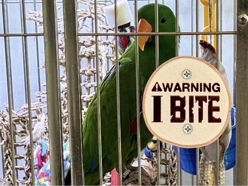 Warning, I Bite Birch Wood Parrot Cage Sign by The Modern Parrot