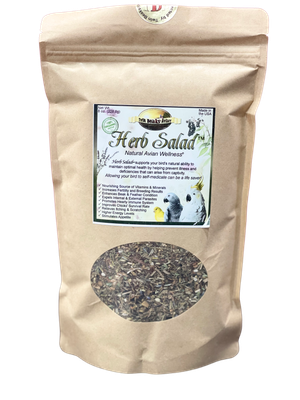 8 oz Herb Salad from Twin Beaks Aviary (USDA Organic). Herb Salad's™ 100% Organic ingredients are the leaves, roots, bark and flowers of the plants that animals in the wild seek