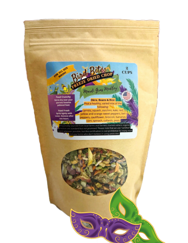 Bird Bites Freeze Dried Chop - Mardi Gras Medley - 2 Cups of epic freeze dried chop. May be served dry or spritzed with water for a delicious, fresh serve.