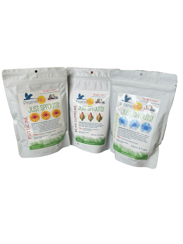 Just Sprouts! Variety Pack - Micrograin, Psittacine &amp; Bean Supreme - Prairie Plus Air Dried Sprouts - 6 Cups total