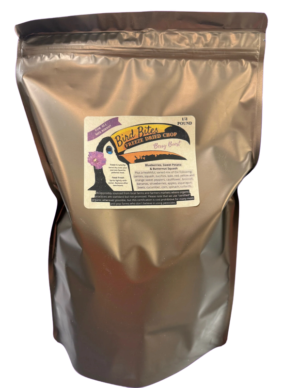 BULK Bag Bird Bites Freeze Dried Chop 1/2 Pound - Berry Boost Blend - Two cups of epic freeze dried chop. May be served dry or spritzed with water for a delicious, fresh serve.