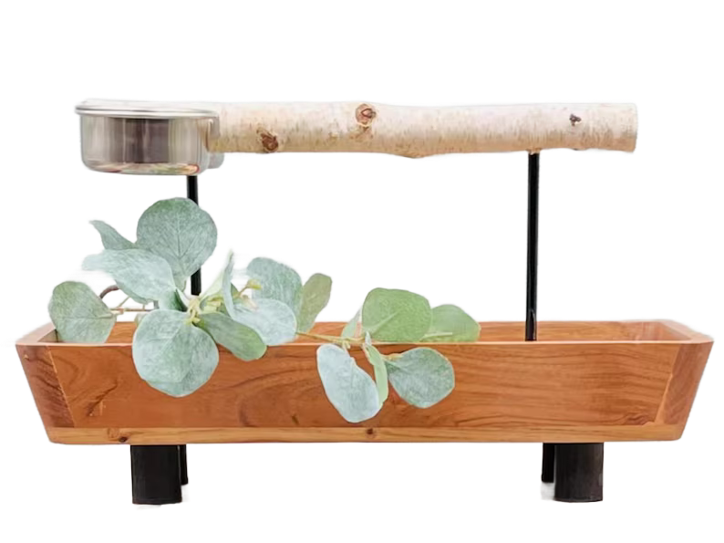 Large Acacia Wood Counter Top Parrot Stand with Feeding Dishes by The Modern Parrot