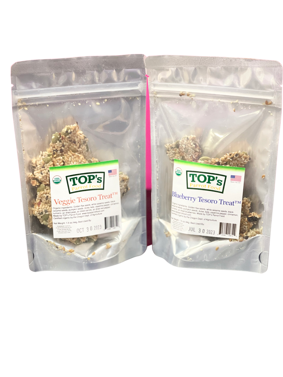 NEW! 2 Pack Organic Tesoro Treats from TOPs Parrot Food (1 Blueberry, 1 Veggie)