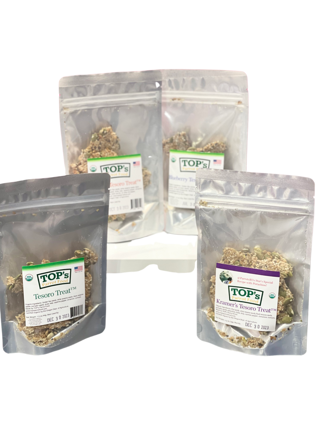 NEW! 4 Pack Organic Tesoro Treats from TOPs Parrot Food (1 Kramers, 1 Original, 1 Blueberry, 1 Veggie)