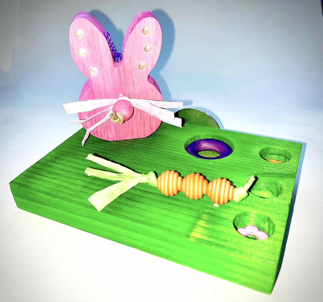 Bunny Theme Parrot Party Patio - this is our Small Size hand made in USA of Pine, 5" x 7" made by Bite Me Birdie