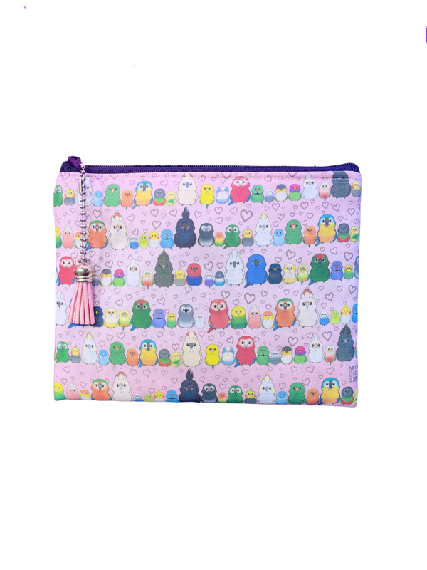 Artsy. Bird Squad Zippered Makeup, Pencil or Mini Purse w/ Tassel Zipper - Pink