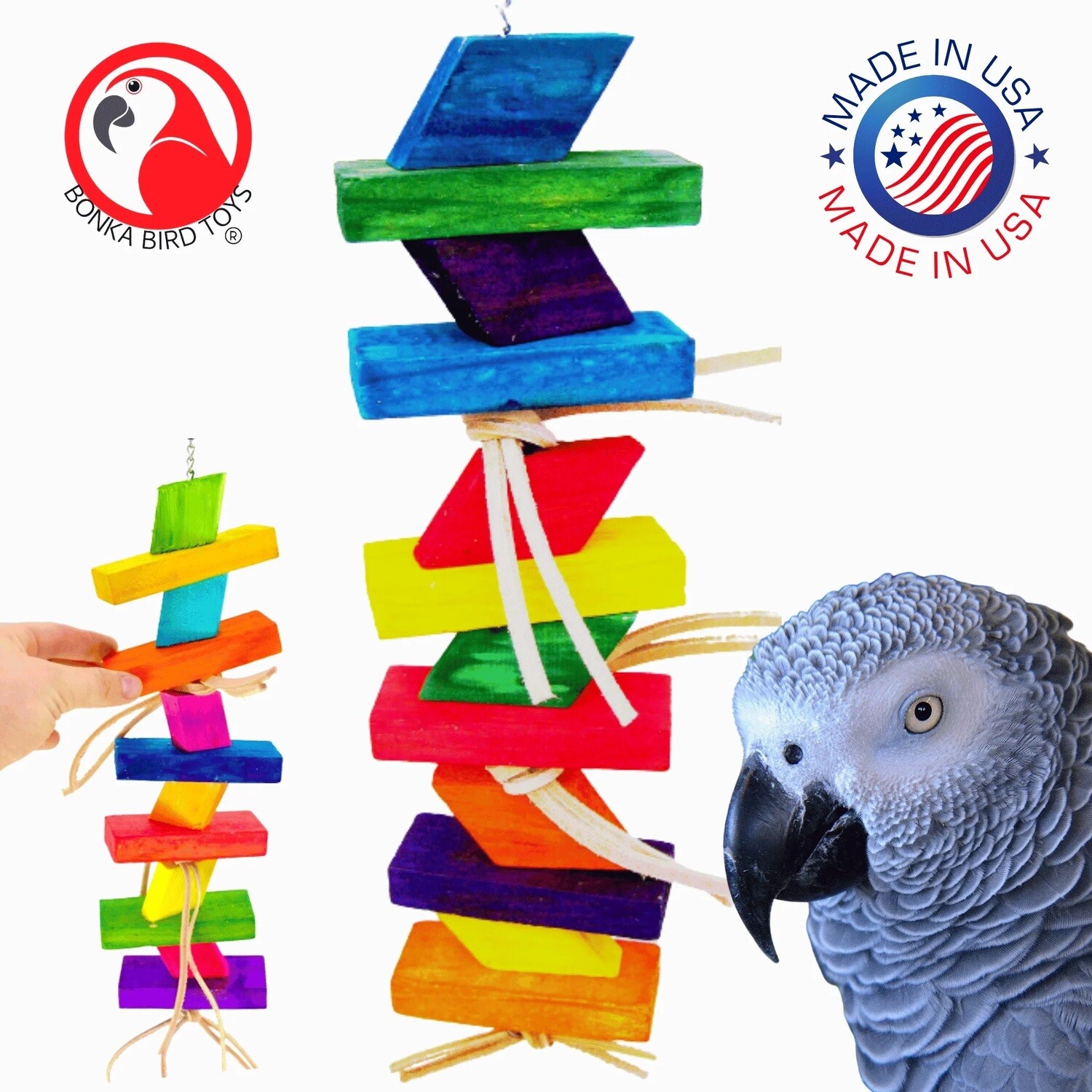 Chunky Step Wood &amp; Leather Toy for Medium Birds by Bonka Bird Toys