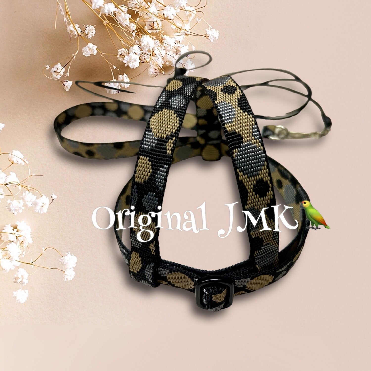 JMK Harness and Leash - Color Gorgeous Black Print, Size Large: 600-1100 grams: Lg Macaws, Triton, Sm. Moluccan, Black Palm, etc