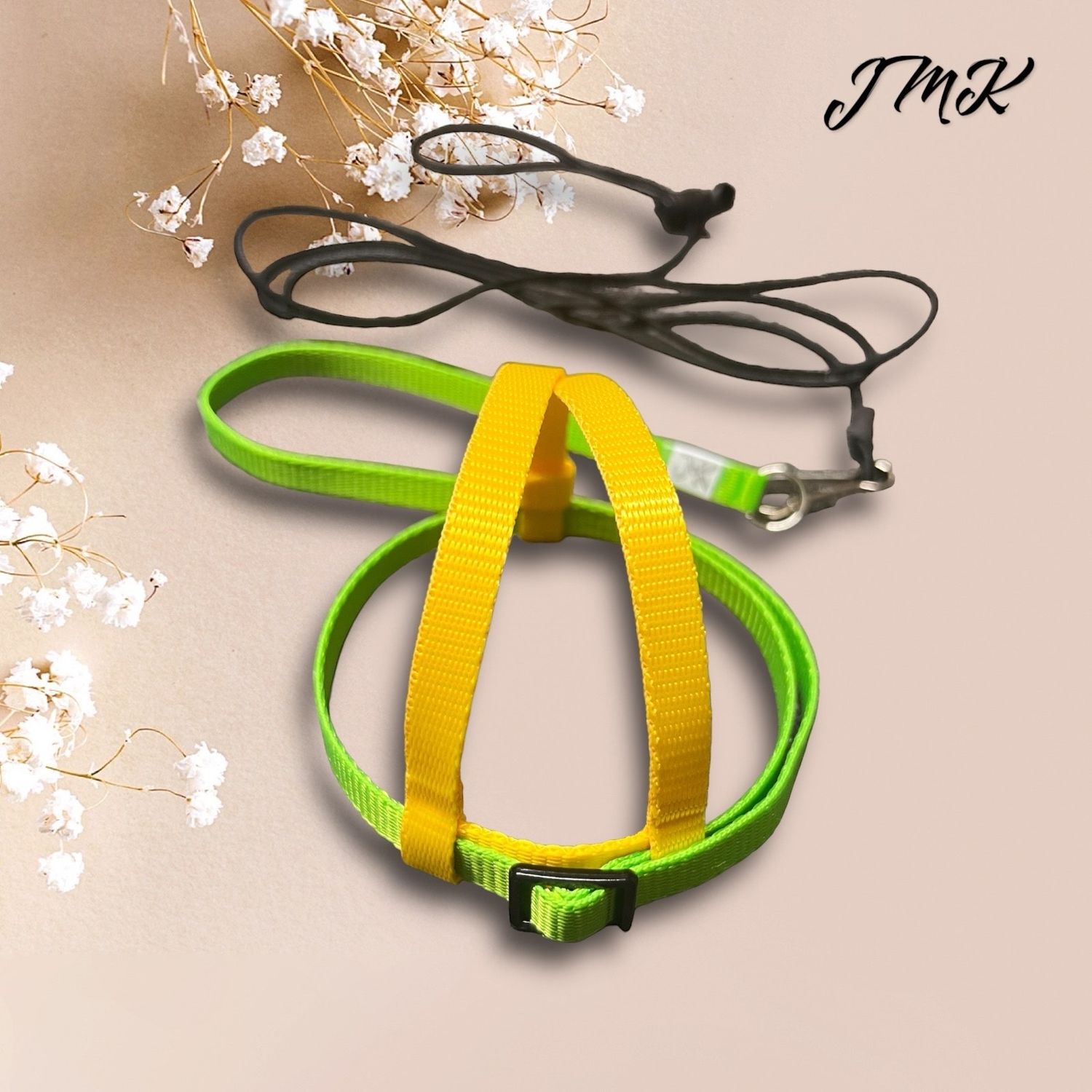 JMK Harness and Leash - Yellow and Bright Green - Size Small: 190-425 grams: Timneh Grey, Pionus, Galah, Yellow Nape Amazon