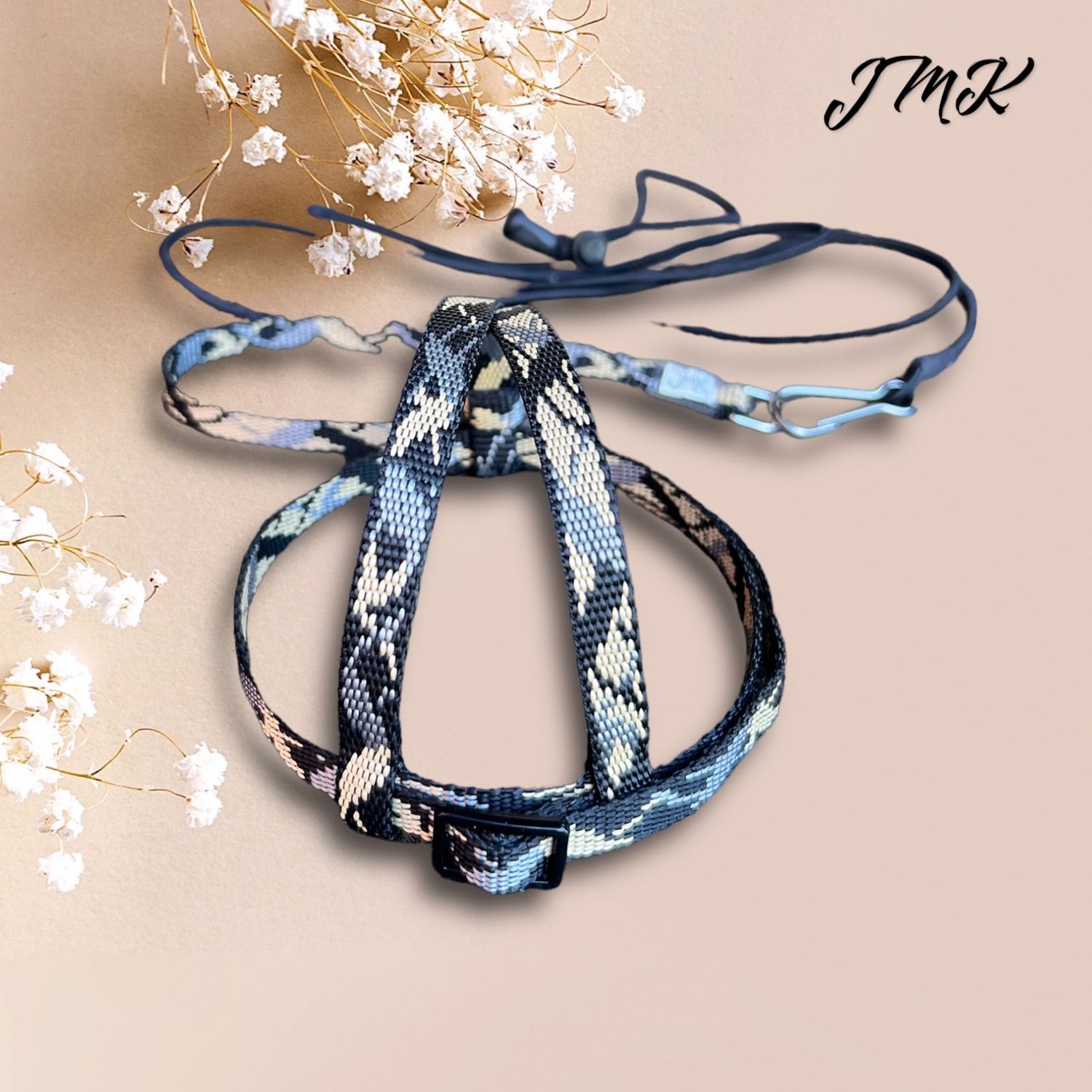 JMK Harness and Leash - Color NEW! Beautiful Black Print, Size Extra Small: 110-190 grams: Quakers, Senegal’s, Sun Conures