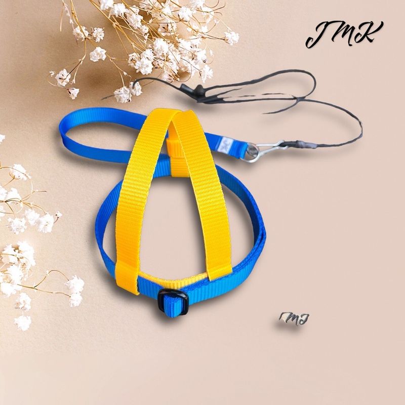 JMK Harness and Leash - Yellow and Dark Blue Color Combo - Size Small: 190-425 grams: Timneh Grey, Pionus, Galah, Yellow Nape Amazon