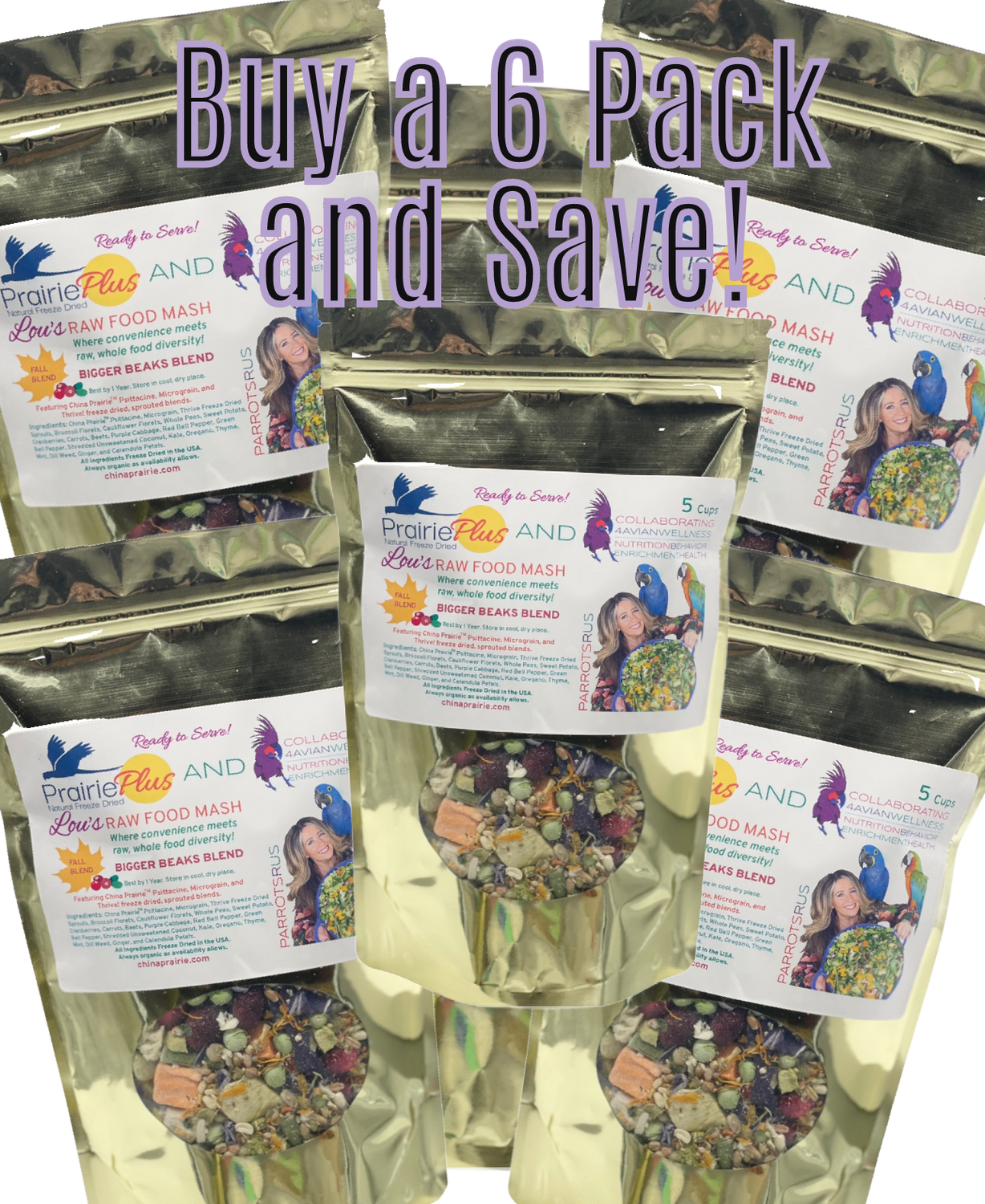6 Pack - Parrotsrus Freeze Dried Weekly Raw Food Mash 5 Cups - Big Beak Blend