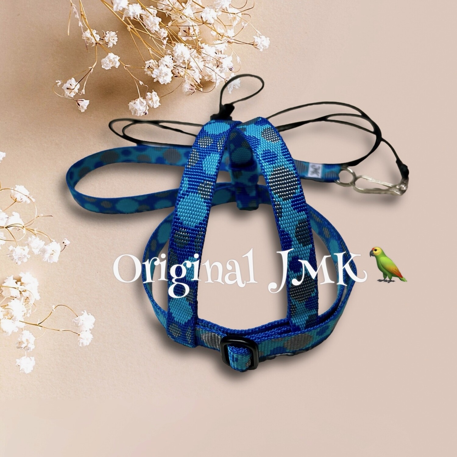 JMK Harness and Leash - Color Gorgeous Blue Print, Size Small: 190-425 grams: Timneh Grey, Pionus, Galah, Yellow Nape Amazon