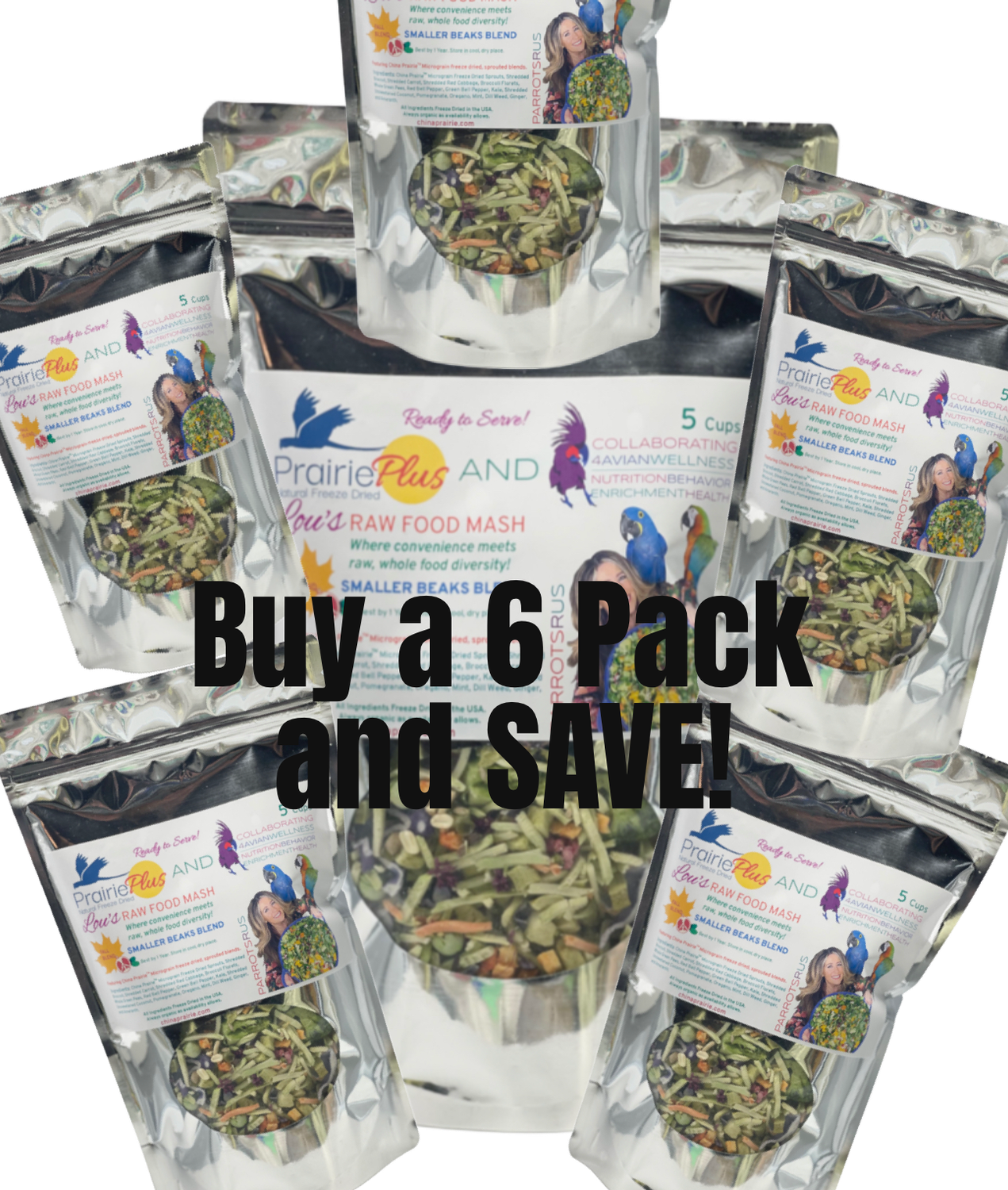 6 Pack - Parrotsrus Freeze Dried Weekly Raw Food Mash 5 Cups - Small Beak Blend