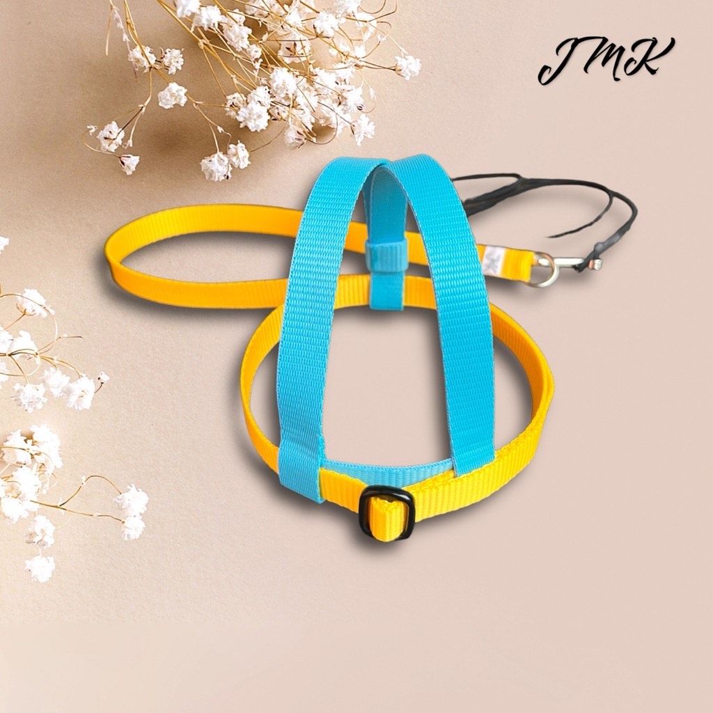 JMK Harness and Leash - Colors Light Blue and Yellow, Size Medium: 425-600 grams: Eclectus, Med. Macaws (Severe, Red Fronted), Lg Amazons (Double Yellow, Yellow Nape), Umbrella, Congo Grey