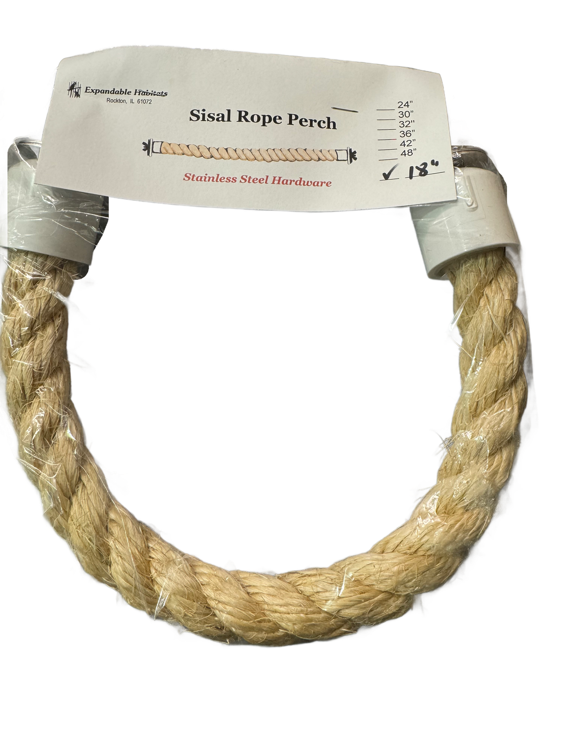 1 Inch Diameter x 18" Length Sisal Rope Perch with Stainless Steel Dual Nut &amp; Bolt ends by Expandable Habitats