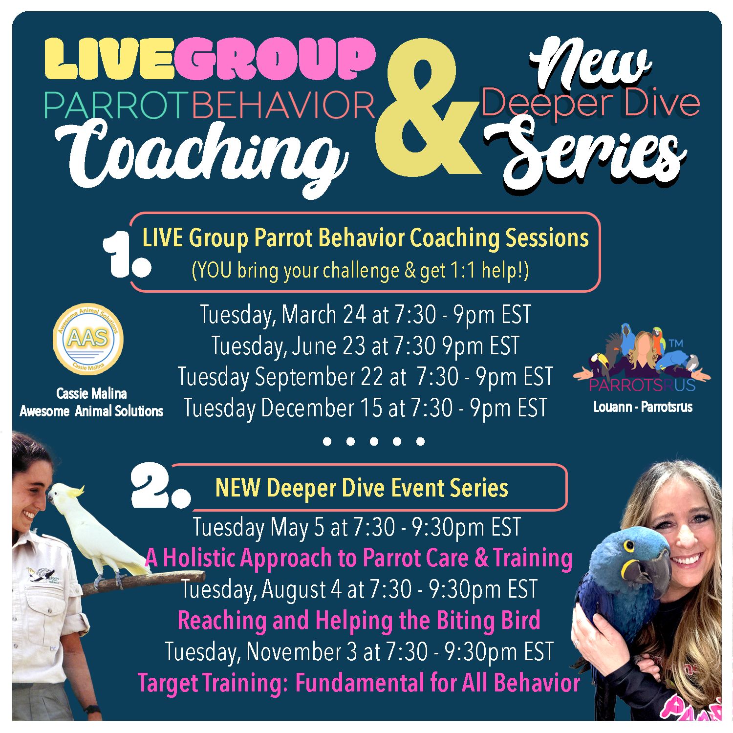 NEW Deeper Dive Workshop "Target Training: Fundamental for All Behavior" will be held Tuesday, November 3rd, 2026 7:30pm ET - 9:30pm ET via Zoom