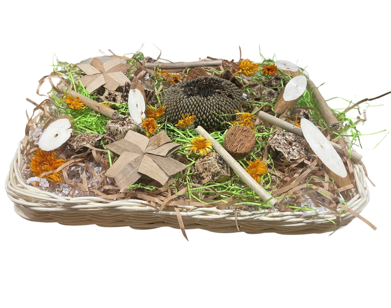Summertime Sunflower Rattan Foraging Tray - 12" x 10" LARGE Limited Edition for Small &amp; Medium Birds by Feathered Addictions