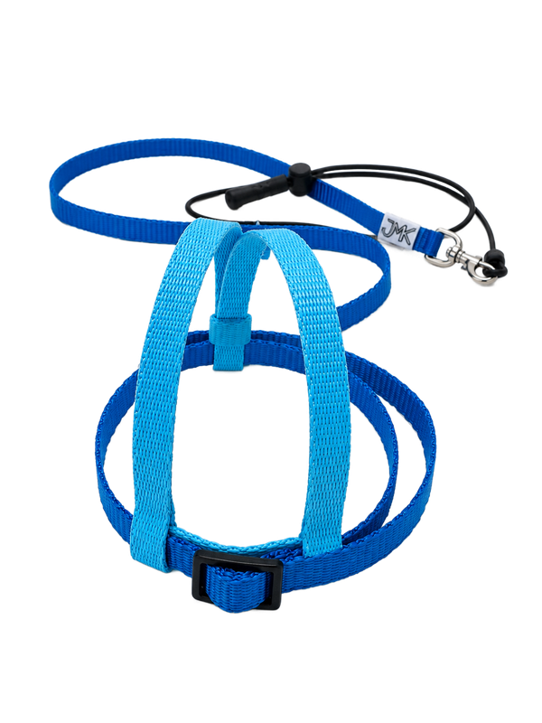 JMK Harness and Leash - Colors Light Blue and Dark Blue, Size Medium: 425-600 grams: Eclectus, Med. Macaws (Severee, Red Fronted), Lg Amazons (Double Yellow, Yellow Nape), Umbrella, Congo Grey
