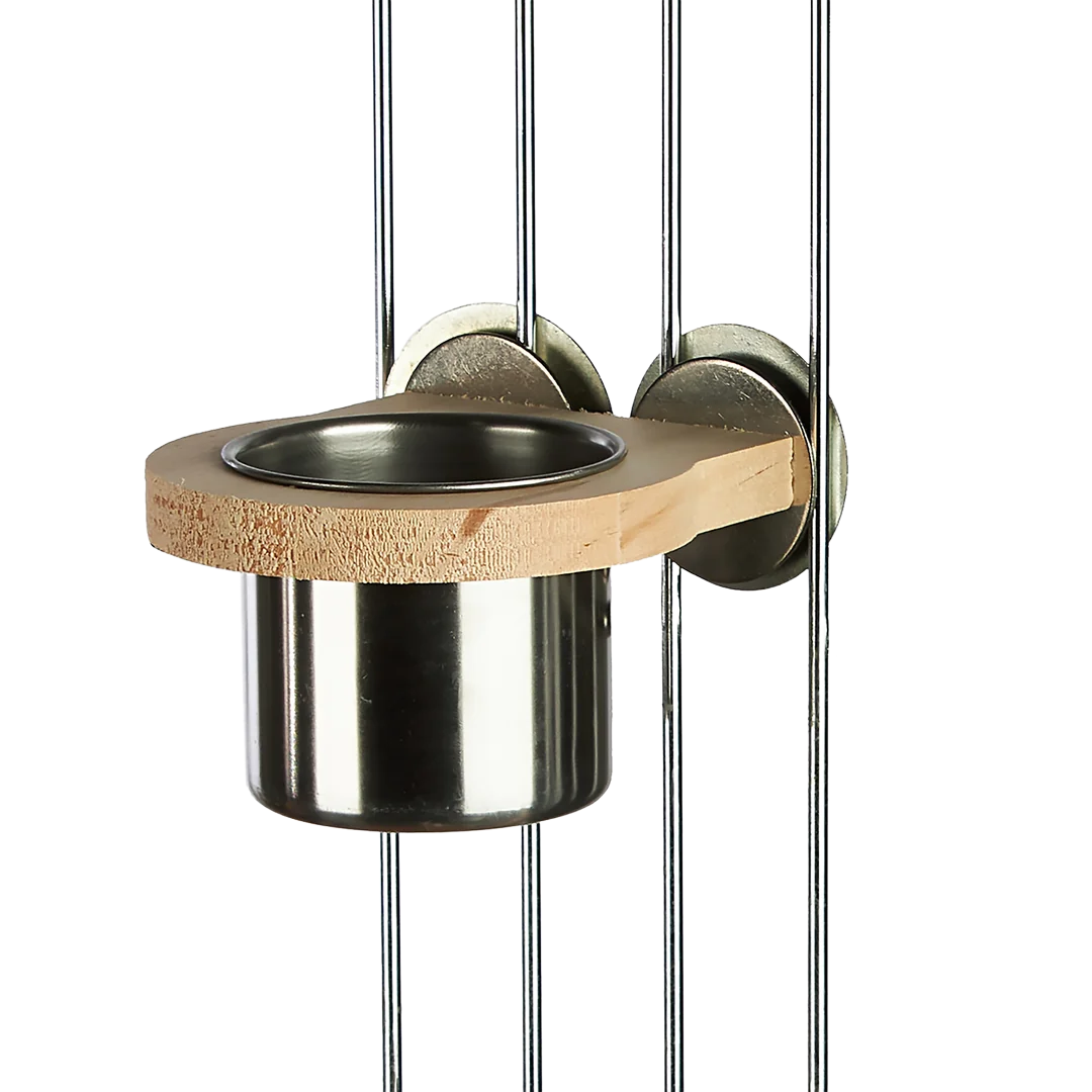 Wood Holder and Stainless Steel Cup for Small and some Medium Birds by Aria Bird Products