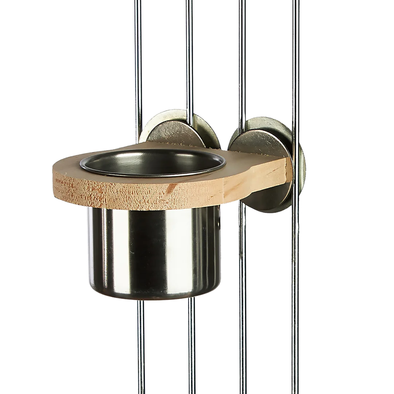 Wood Holder and Stainless Steel Cup for Small and some Medium Birds by Aria Bird Products