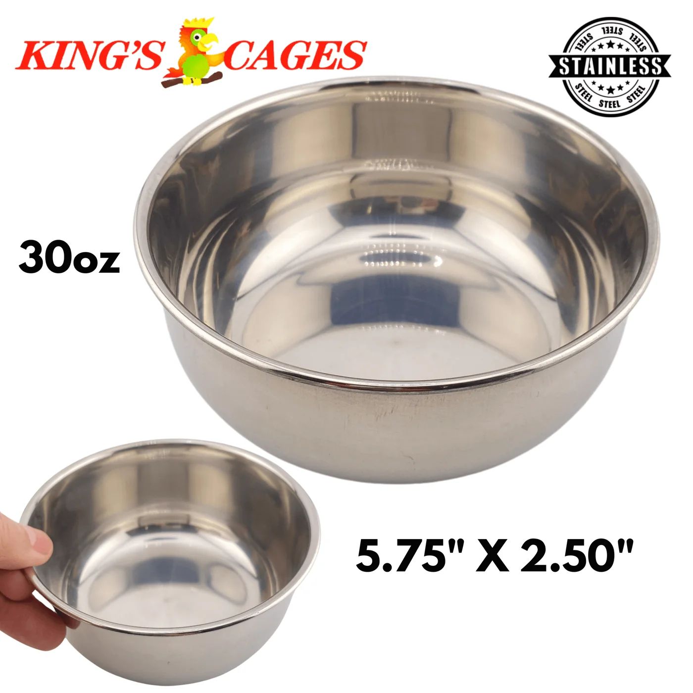 Round Stainless Steel Bowl 30 oz by Kings Cages and Bonka Bird Toys