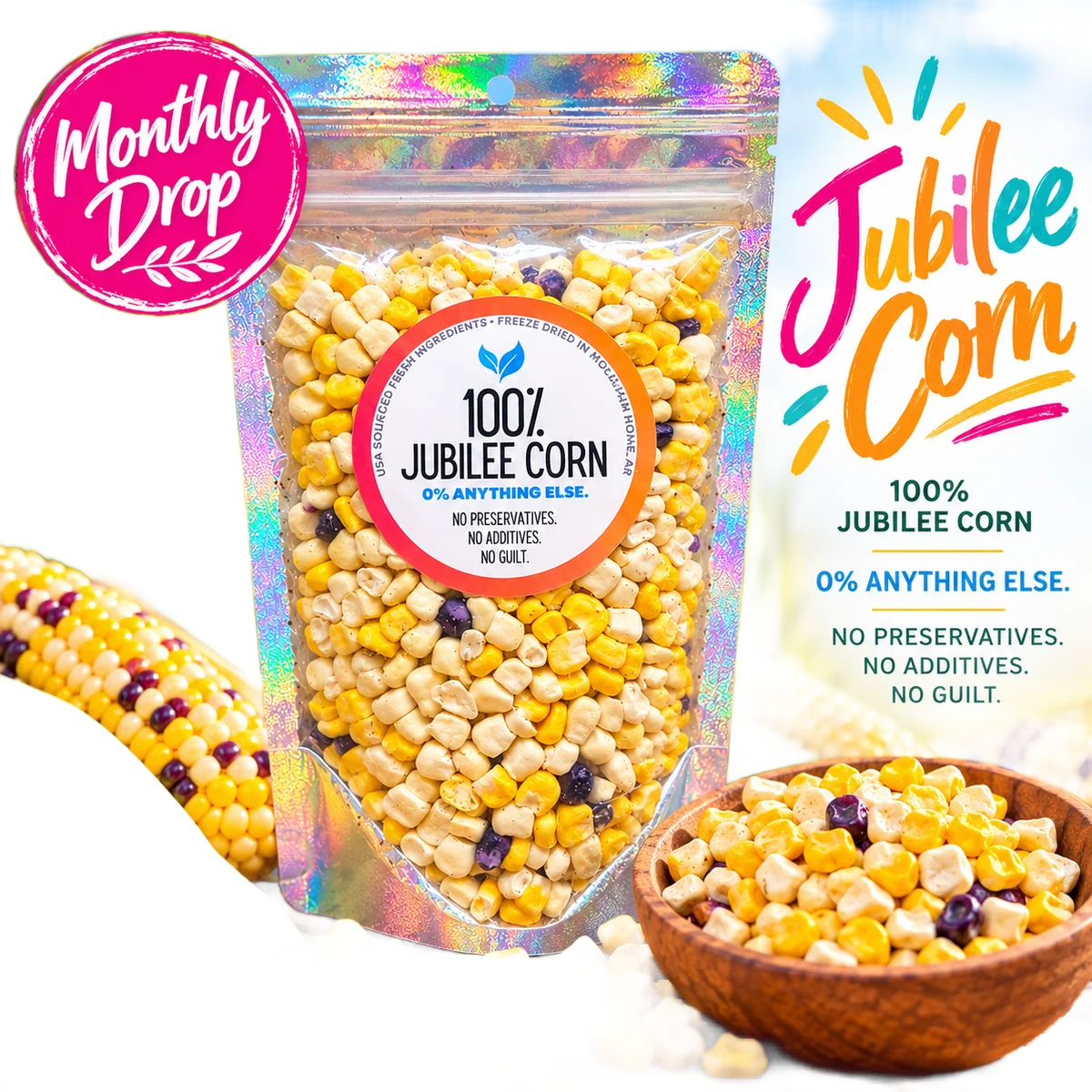 100% Jubilee Corn by Bird Bites Healthy Freeze Dried Treats - Generous 1.5 Cup Size - Limited Edition