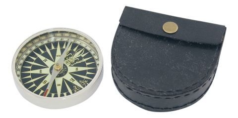 Kompass Messing vernickelt im Leder Etui