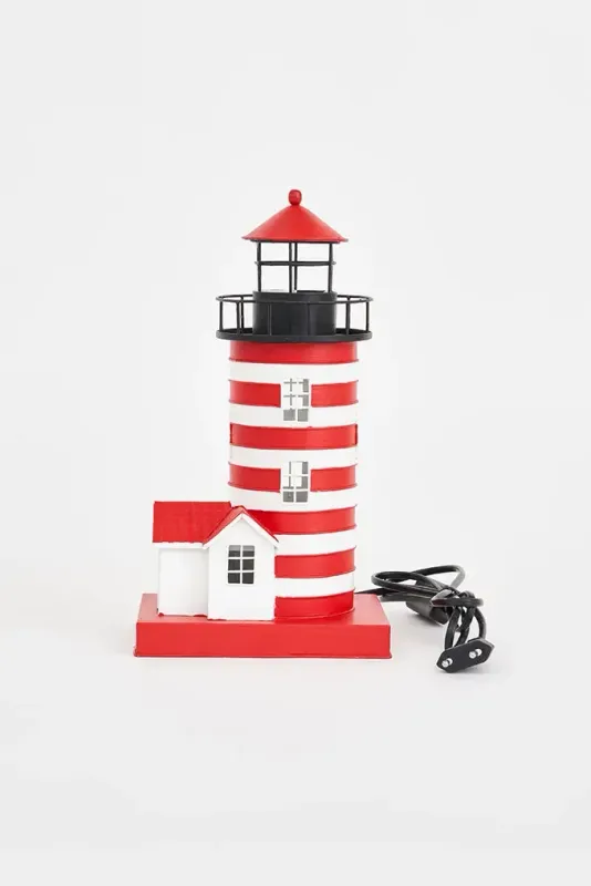 Metall Leuchtturm rot / weiß mit Beleuchtung Metall Leuchtturm rot / weiß mit Beleuchtung