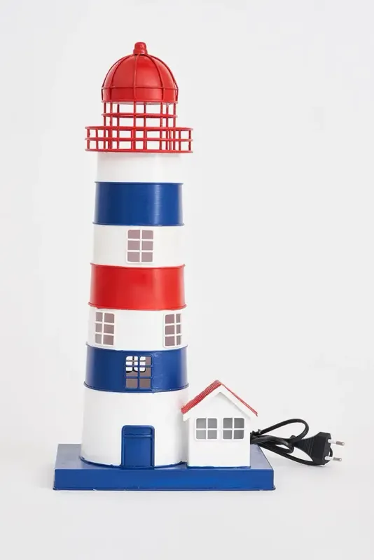 Metall Leuchtturm groß, blau weiß rot gestreift, mit Beleuchtung Metall Leuchtturm groß, blau weiß rot gestreift, mit Beleuchtung