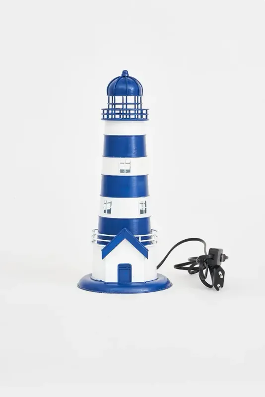 Metall Leuchtturm blau weiß, rund 31 cm hoch mit Beleuchtung Metall Leuchtturm blau weiß, rund 31 cm hoch mit Beleuchtung