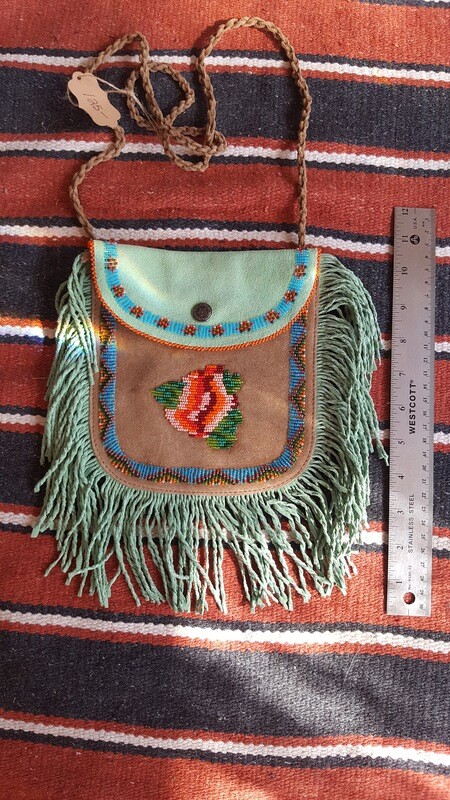 Hand beaded fringed leather bag - Green