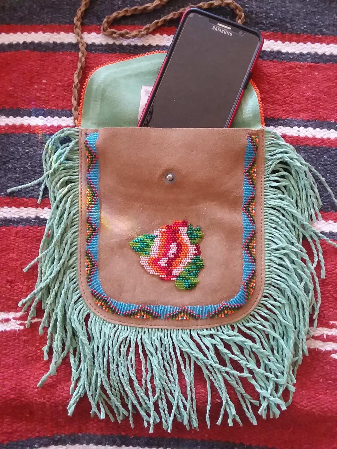 Hand beaded fringed leather bag - Green