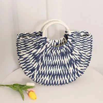 Retro Half-Moon Woven Blue Tote Bag - MEDIUM