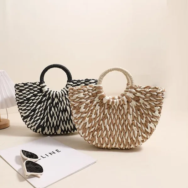 Retro Half-Moon Woven Tote Bag - SMALL