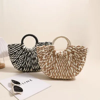 Retro Half-Moon Woven Tote Bag - SMALL