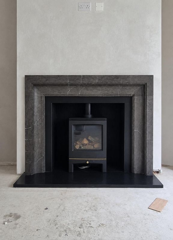 Scarpa Fireplace in Pietra Grey Honed Marble & Chesney Sanctuary Gas Stove
