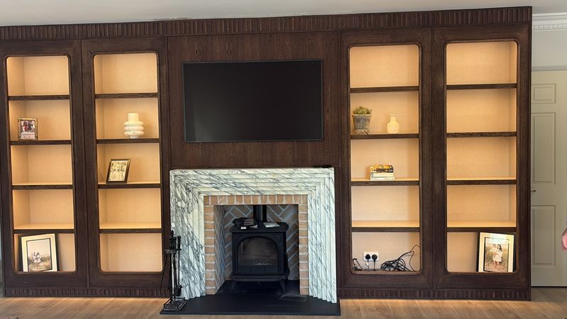 The Art Deco Design In Arabescato Marble Fireplace, Inner Brick Herringbone Chamber, Italian Honed Slate Hearth & Base, Huntingdon 30 -Wood Stove