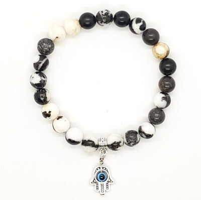 Bracelet Natural Stone Beads Flexi (Adelard ~ Zebra Jasper Stone Beads 8mm & Silver Palm Pendant) Bracelet Natural Stone Beads Flexi (Adelard ~ Zebra Jasper Stone Beads 8mm & Silver Palm Pendant)