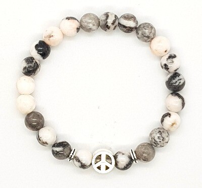 Bracelet Natural Stone Beads Flexi (Alban ~ Pink Zebra Stone Beads 8mm & Silver Peace Charm Bead) Bracelet Natural Stone Beads Flexi (Alban ~ Pink Zebra Stone Beads 8mm & Silver Peace Charm Bead)