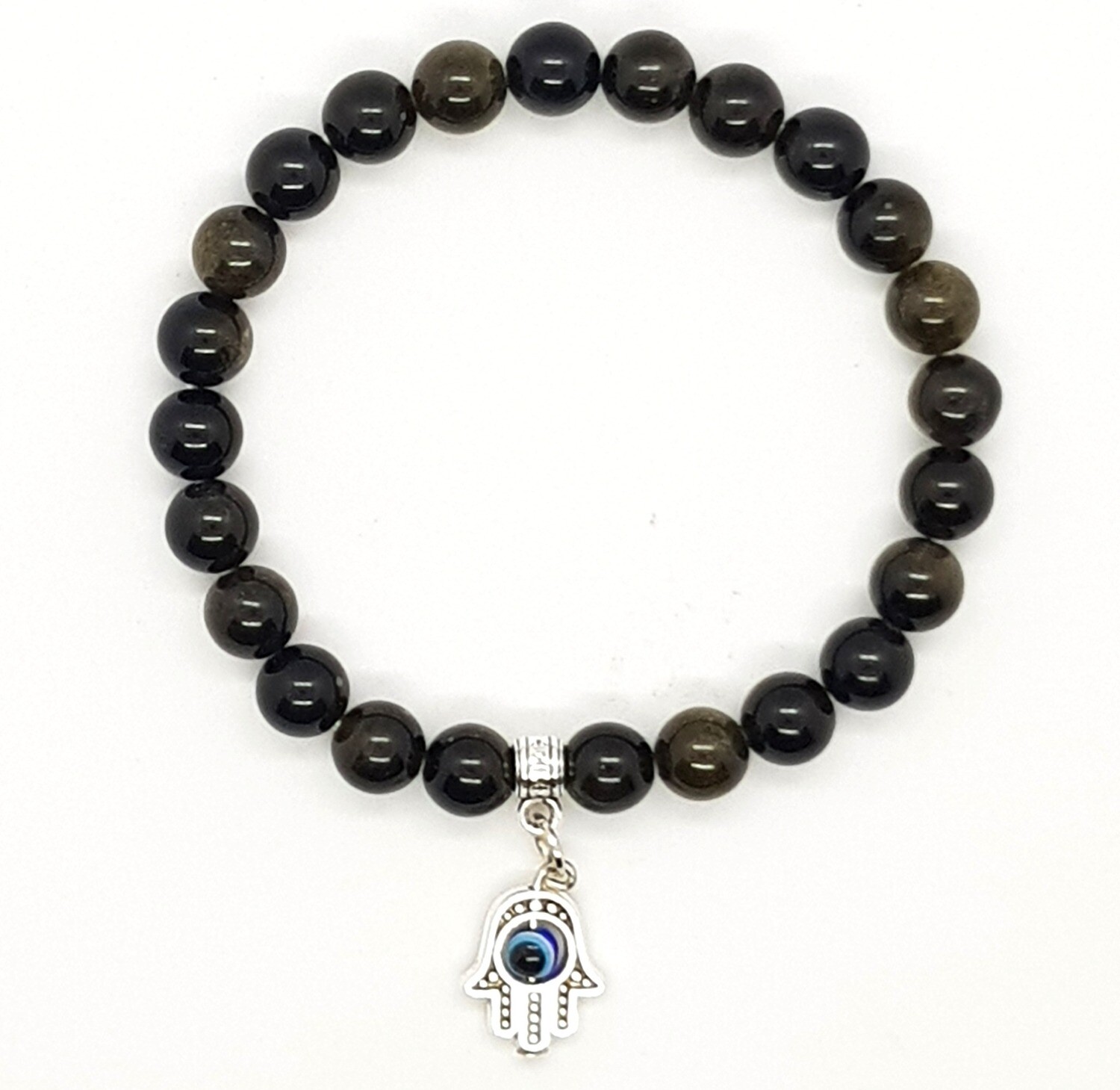 Bracelet Natural Stone Beads Flexi (Alain ~ Gold Obsidian Stone Beads 8mm & Silver Palm Pendant)