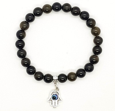 Bracelet Natural Stone Beads Flexi (Alain ~ Gold Obsidian Stone Beads 8mm & Silver Palm Pendant) Bracelet Natural Stone Beads Flexi (Alain ~ Gold Obsidian Stone Beads 8mm & Silver Palm Pendant)