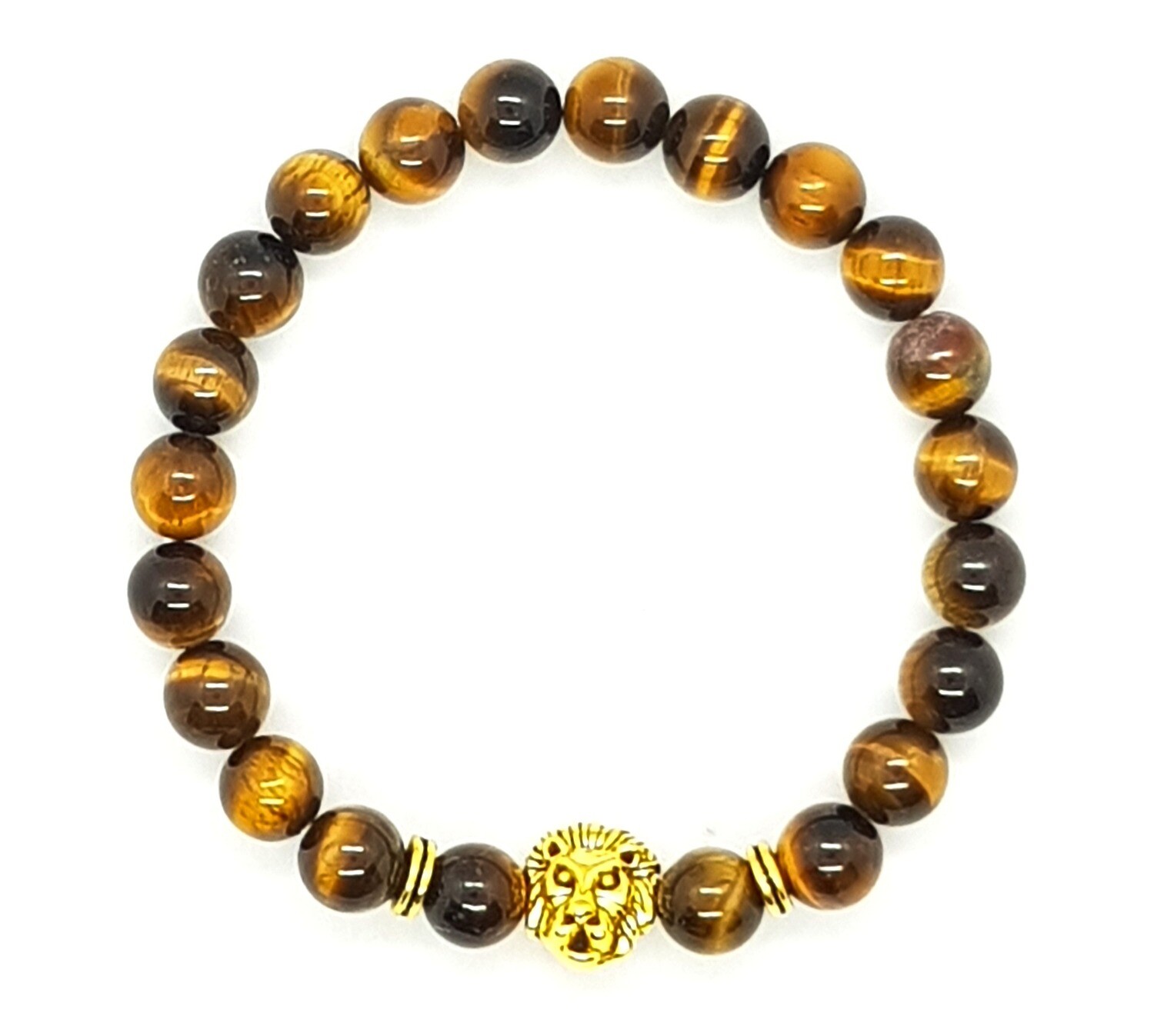 Bracelet Natural Stone Beads Flexi (Alcide - Tiger Eye Stone Beads 8 mm & Gold Lion Charm Bead)