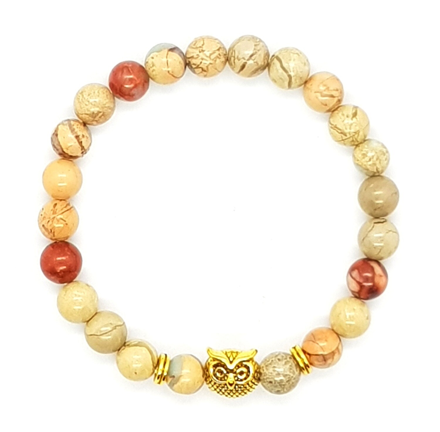 Bracelet Natural Stone Beads Flexi (Alphonse - Shoushan Stone Beads 8mm & Gold Owl Charm Bead)