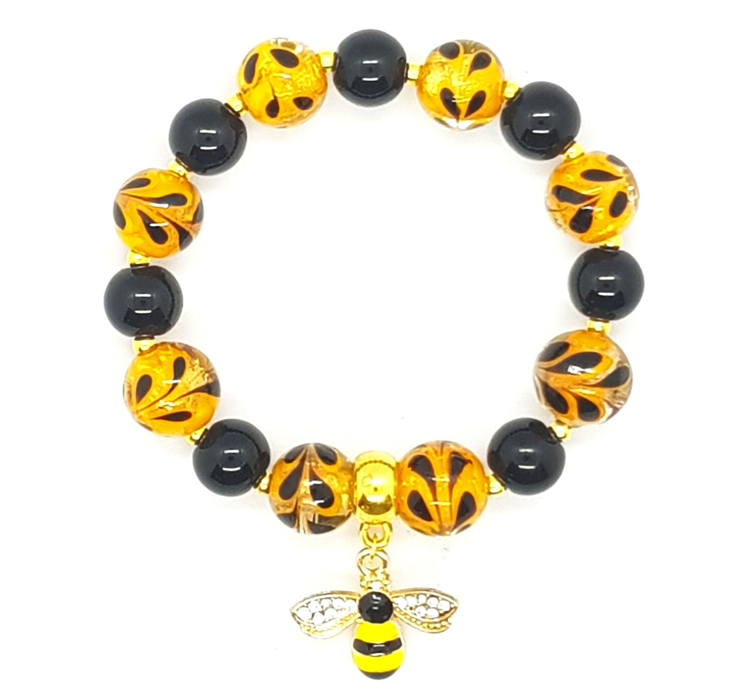 Bracelet Flexible (Bianca - Italy Murano Glass Lampwork Beads 14mm, Black Pearl Beads 10mm & Bee's Pendant)