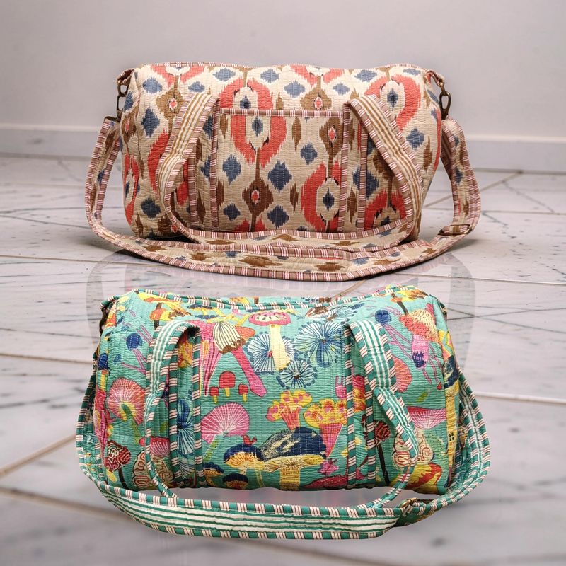 1 Dozen (12 Pcs ) Cotton Printed Duffel Bags With Zipper 01