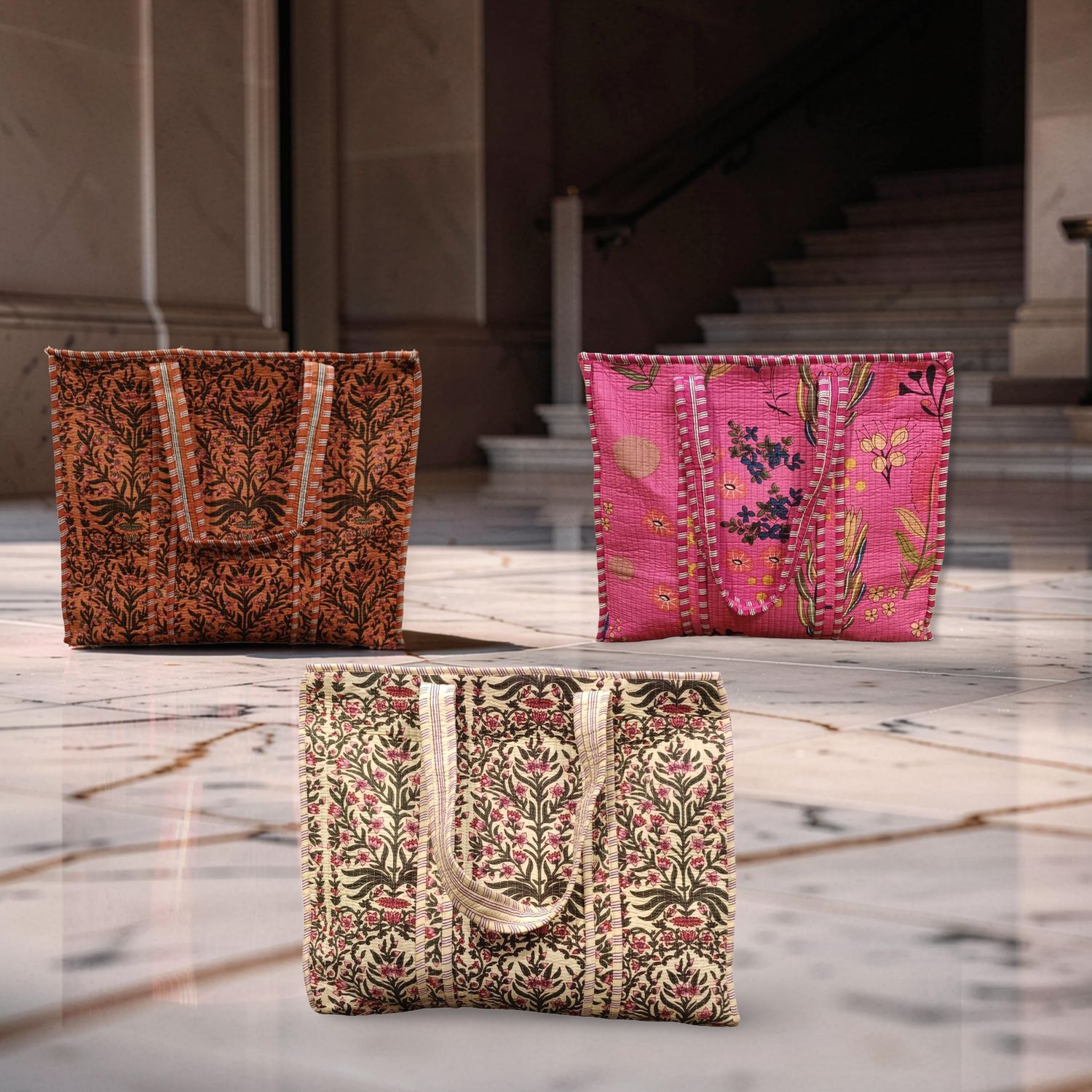 1 Dozen (12 Pcs ) Cotton Printed Tote Bags With Zipper 01